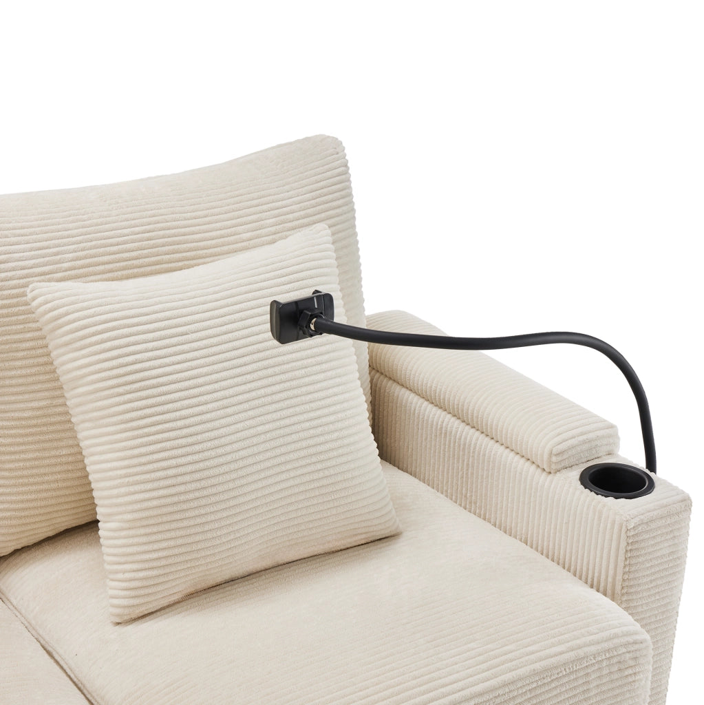 Divano angolare 213.5x139x87 cm con USB; portabicchieri; ripiano bracciolo e 2 cuscini in corduroy beige