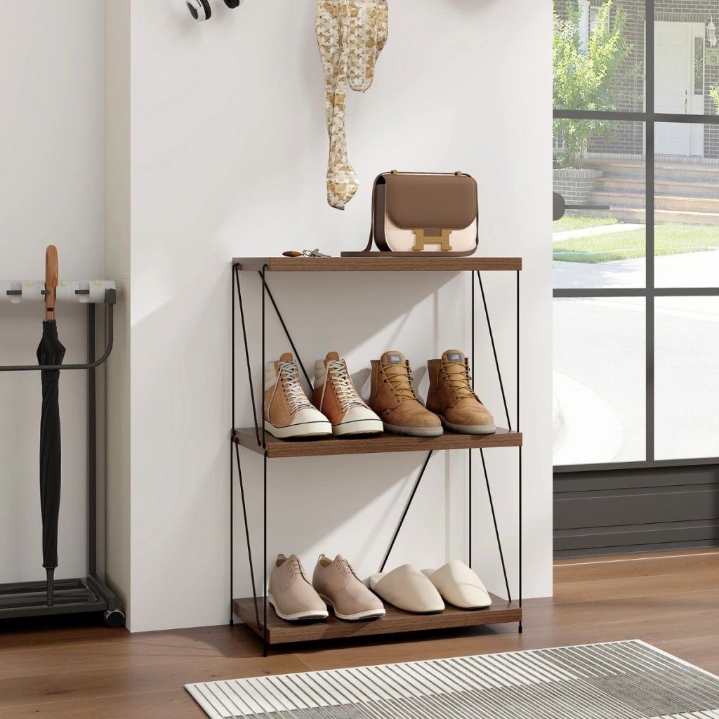 Scaffale multiuso a 3 ripiani con struttura in metallo-Libreria autoportante con stile industriale Noce 61x29,5x85,5cm