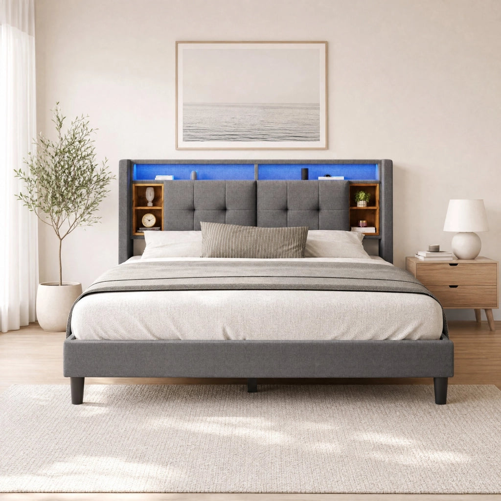 Letto matrimoniale 160x200 cm con testiera contenitore; LED e USB; grigio