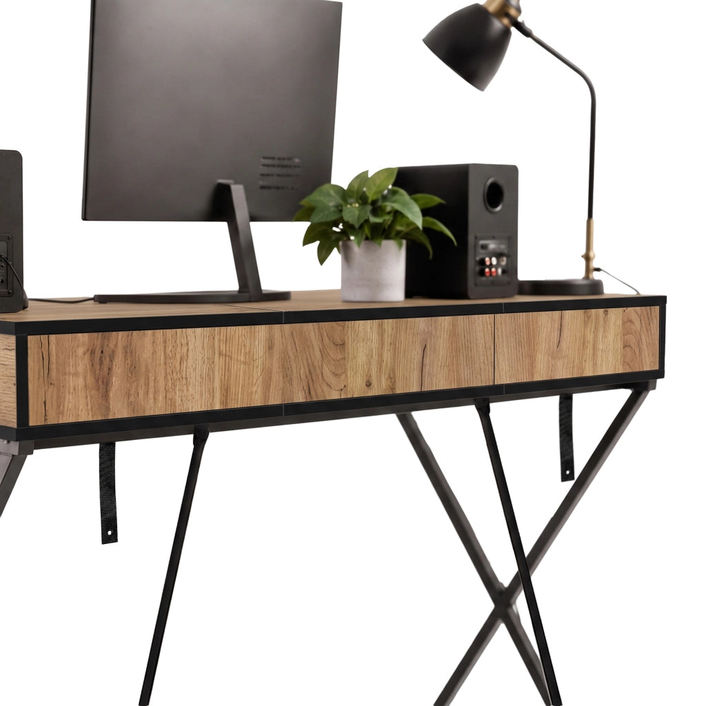 Scrivania PC industriale Rovere Craft CROSSLINE 120 cm 2 cassetti 1 ripiano gambe nere