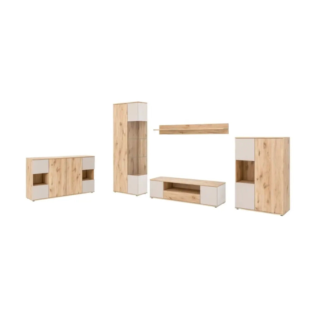 Set completo per il soggiorno ERINA – Credenza bassa, Credenza alta, Vetrina, Mobile TV, Mensola da muro – Rovere chiaro e beige