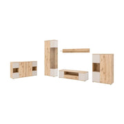 Set completo per il soggiorno ERINA – Credenza bassa, Credenza alta, Vetrina, Mobile TV, Mensola da muro – Rovere chiaro e beige