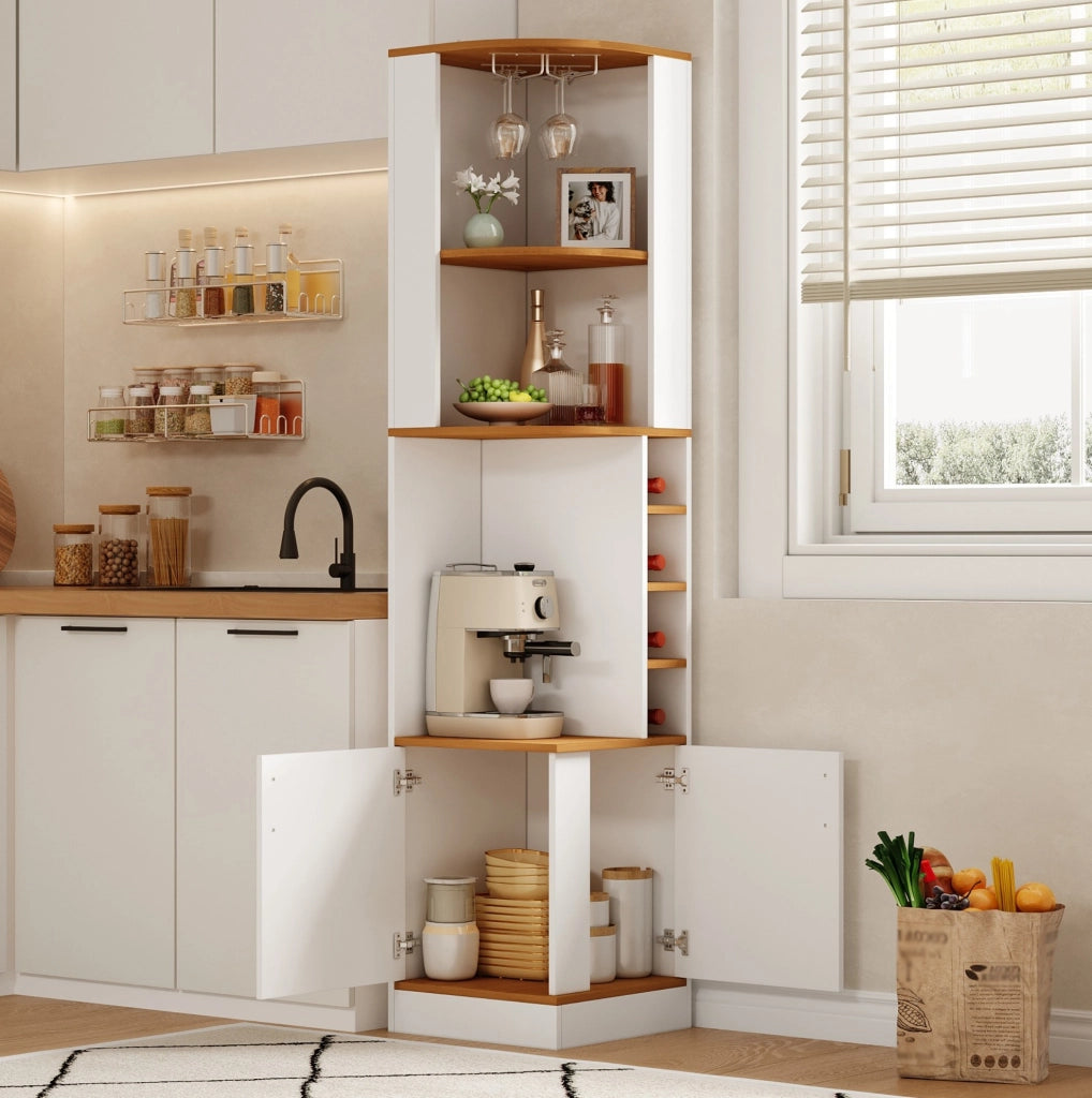 Mobile angolare portabottiglie con portasospensione per bicchieri; 40x40x182 cm; bianco in MDF