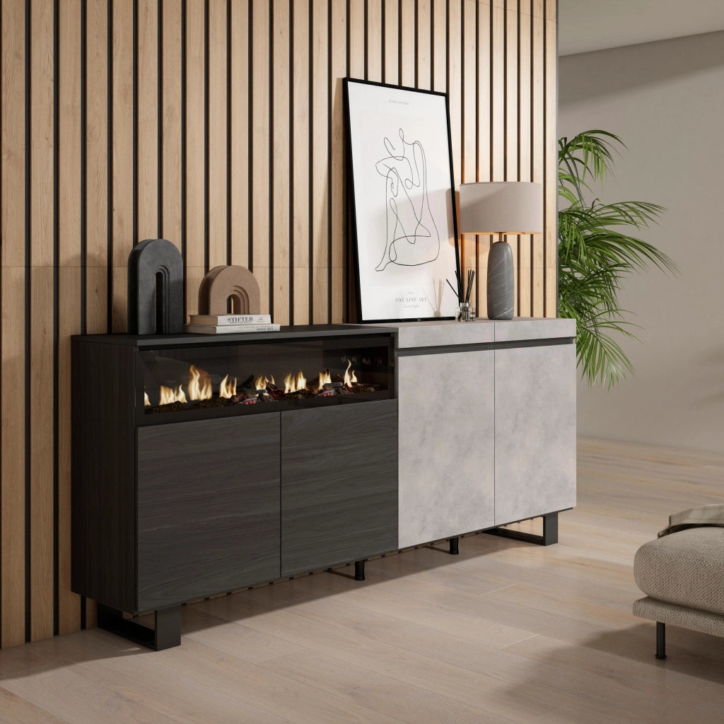 Credenza, Mobile, 200x35x87cm, 4 Porte, Camino elettrico, Design industriale, grigio cemento RF2410