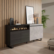 Credenza, Mobile, 200x35x87cm, 4 Porte, Camino elettrico, Design industriale, grigio cemento RF2410
