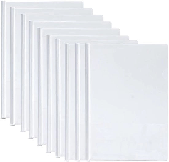 10 file trasparenti A4 con chiusura a scorrimento, copertine in plastica, adesivo, cartellino di identificazione per classificazione documenti - bianco