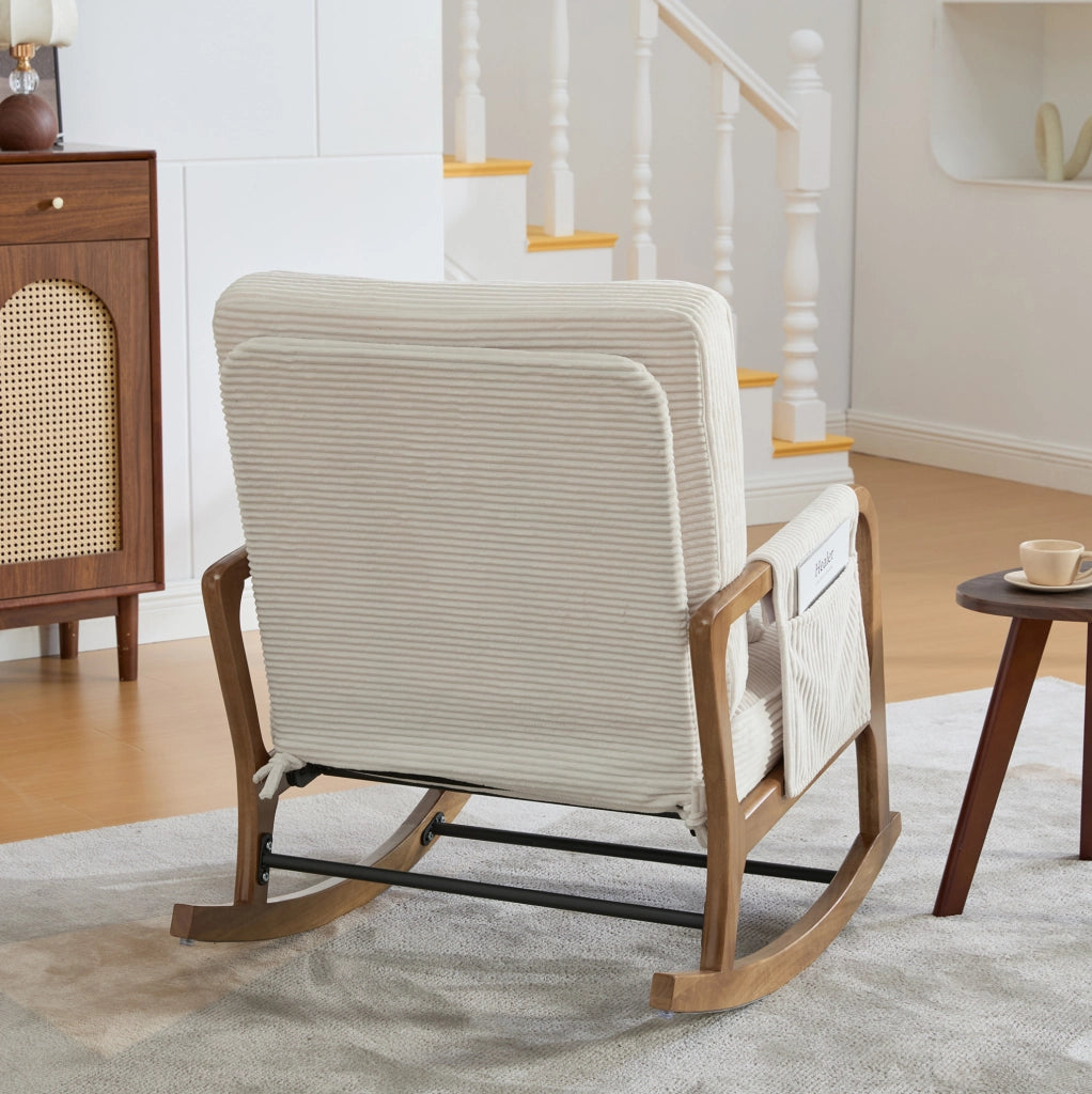Sedia a dondolo 70x80x92 cm con poggiapiedi e tasca laterale; legno e corduroy beige