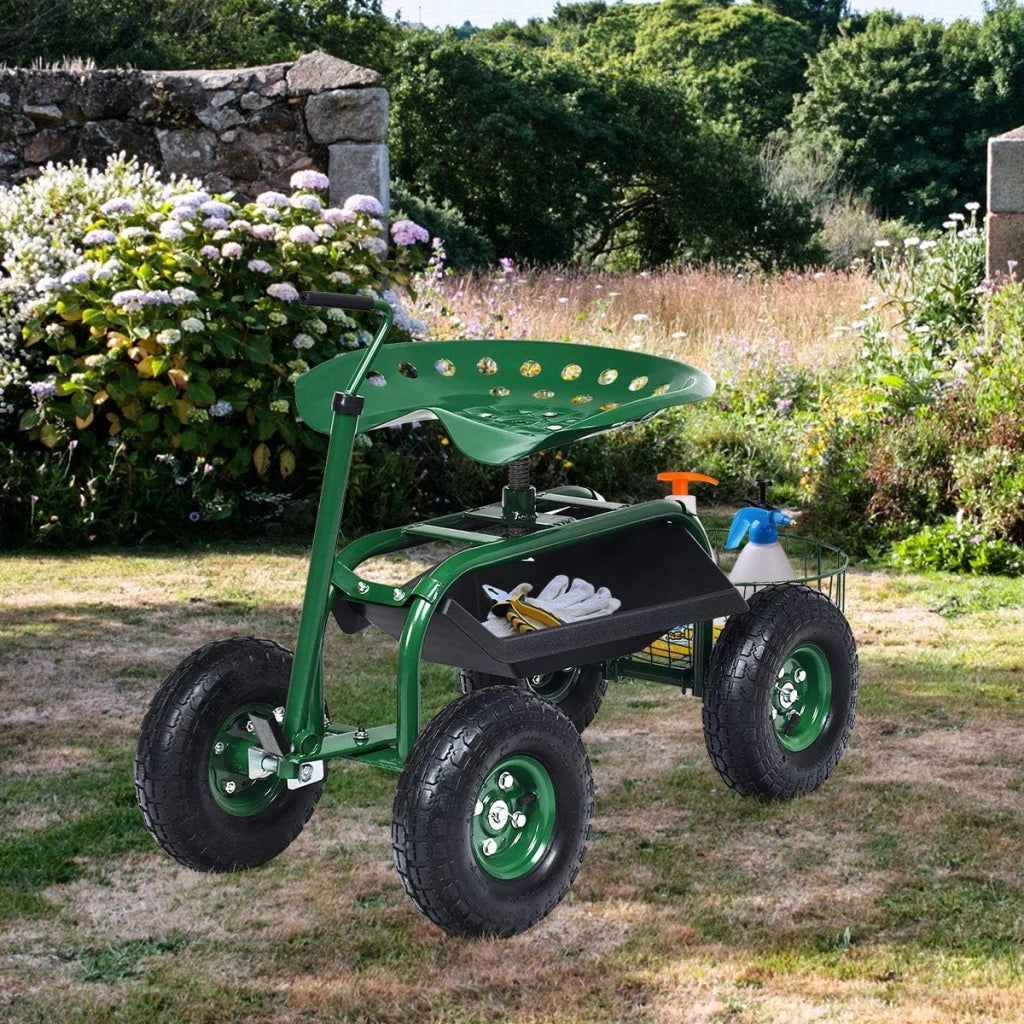 Sgabello per Giardinaggio con Ruote, Sedile da Giardino Regolabile in Altezza con Manico Estensibile, Cesto Portaoggetti, 2 Vassoi e 4 Ruote in Gomma (96,5 x 47,5 x 47-55 cm)