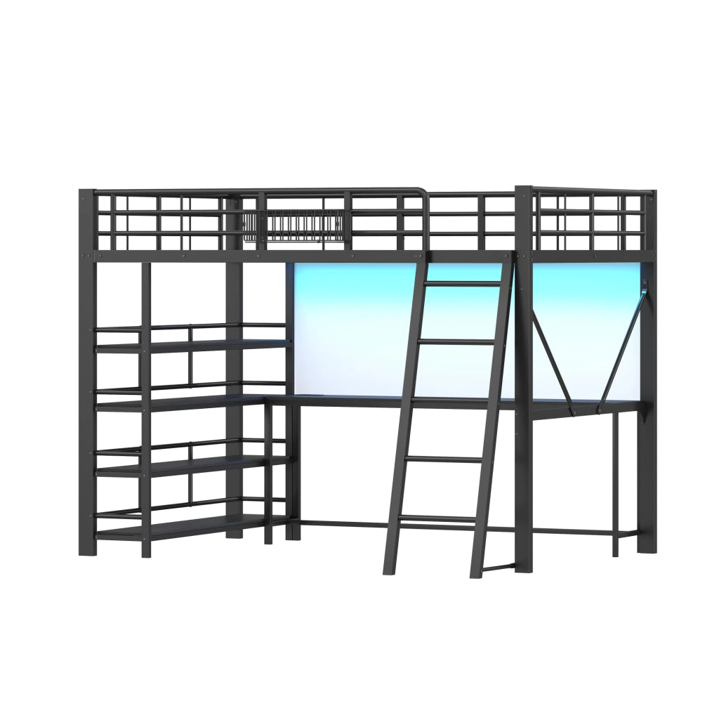 Letto a soppalco 140x200 cm con scrivania, LED e ricarica in metallo nero