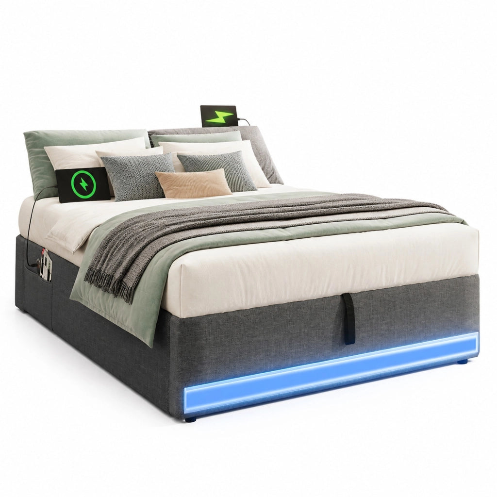 Letto imbottito 90x200 cm senza testiera in lino grigio con LED; USB e porta Type-C; contenitore idraulico