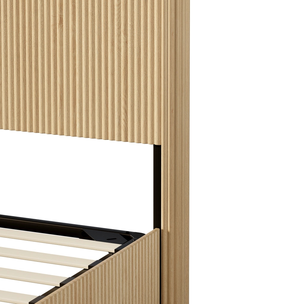 Letto contenitore 140 × 200 cm con sistema di sollevamento idraulico, ampia capacità, senza materasso, rovere chiaro