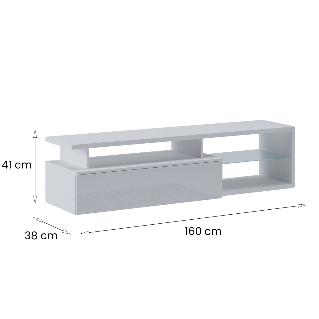 Mobile porta TV Gisella, Credenza da soggiorno, Armadio basso per TV, Base parete attrezzata, 160x38h41 cm, Bianco e Bianco lucido