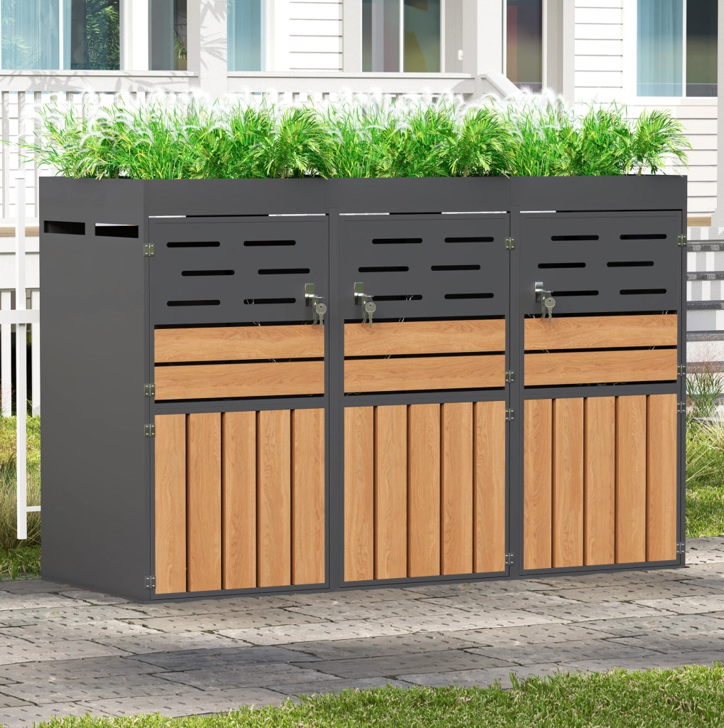 Armadio da esterno 2-in-1 con fioriera integrata; 3 ante separate; 199x80x128 cm; grigio