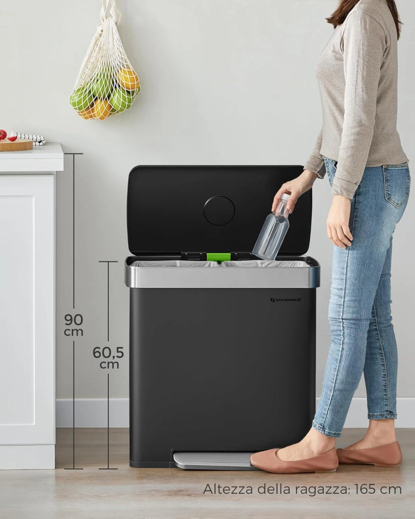 Pattumiera a Doppio Secchio, 2 x 30L, Cestino in Acciaio Inox e 15 Sacchetti di Rifiuti, con Secchi Interni in Plastica, Coperchi a Chiusura Morbida, 58,2 x 31,5 x 60,5 cm, Nero LTB202B01