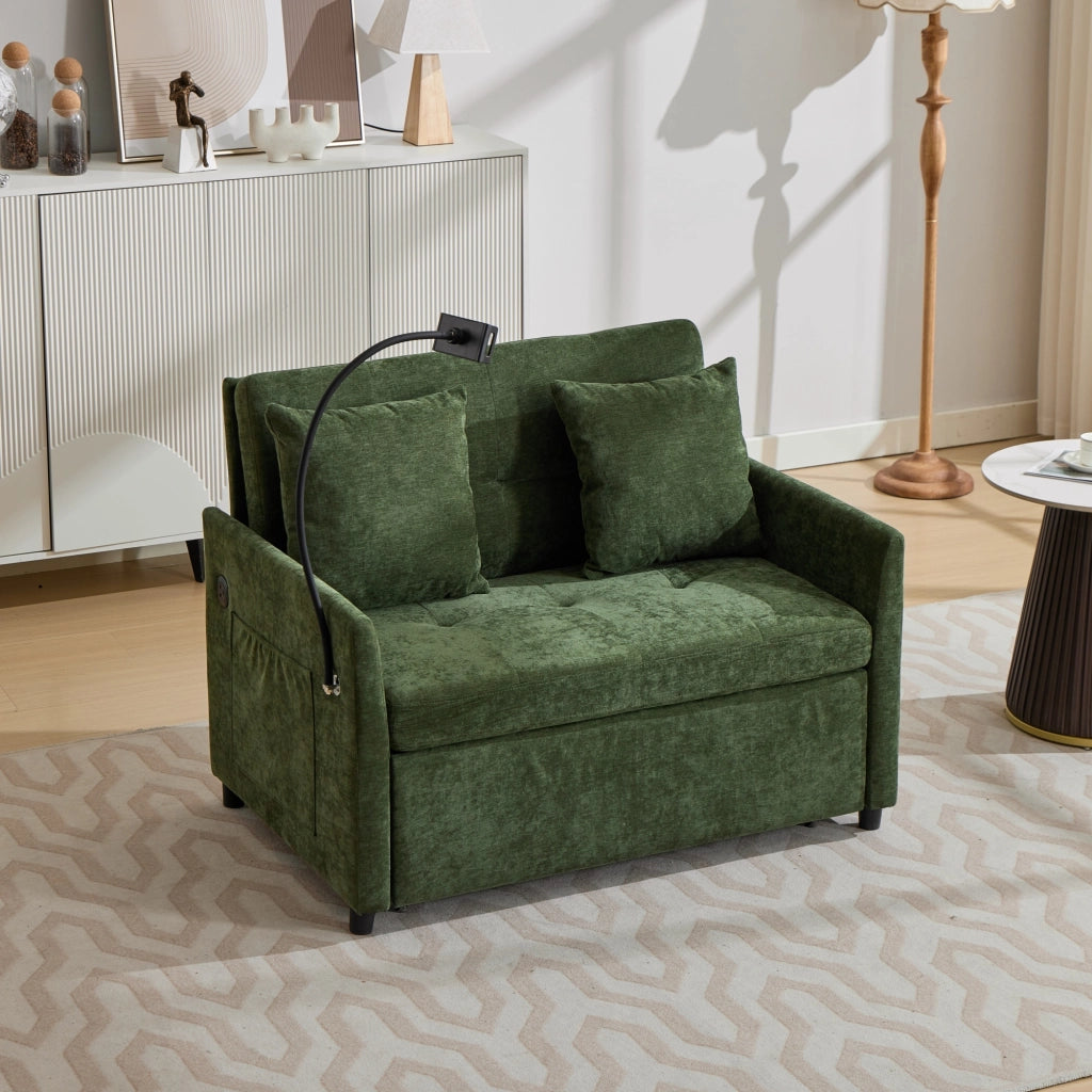 Divano letto moderno con porta USB e supporto tablet in tessuto di lino spazzolato verde 109 × 72 × 83,5 cm