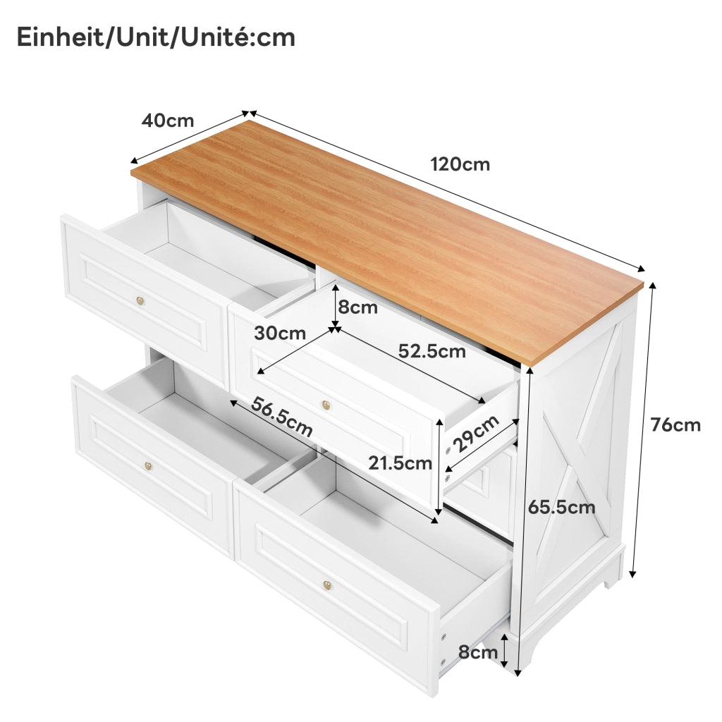 Credenza con 6 Cassetti; Motivo Fienile e Maniglie Dorate; Stile Country; in MDF; 120??40??76 cm; Bianco