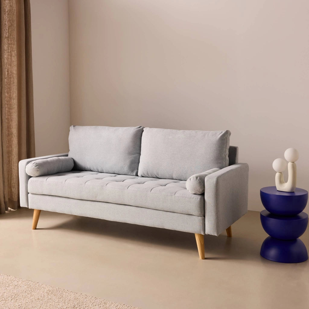 Divano in stile scandinavo in tessuto semplice, 3 posti, grigio chiaro