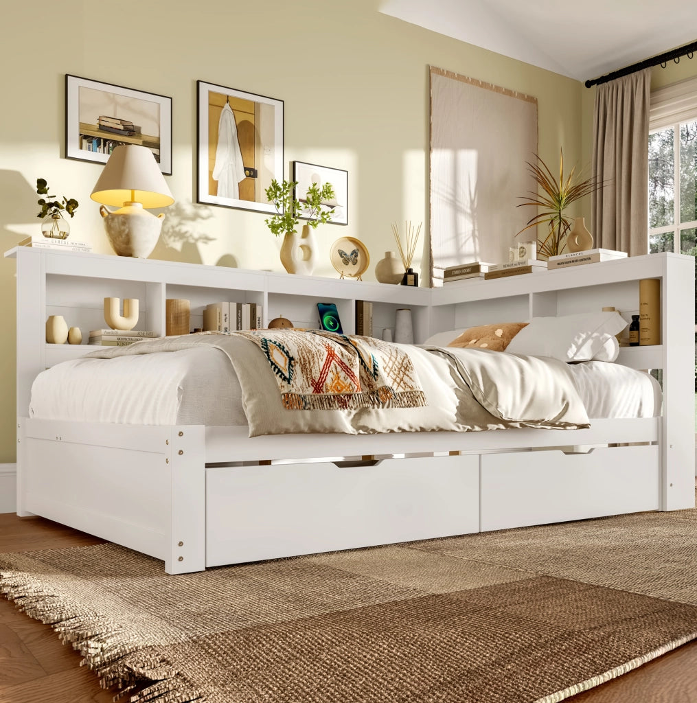 Letto da giorno 140x200 cm con 2 cassetti; presa e 2 porte USB; in MDF e legno di pino; bianco