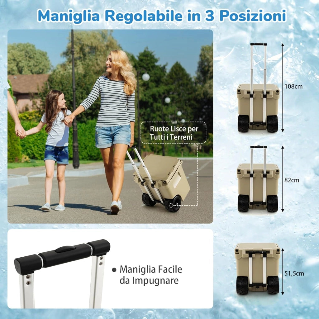 Borsa Frigo Portatile da 43 L, Ghiacciaia Portatile con Ruote, Maniglia in Alluminio, Apribottiglie, Frigo Portatile per Campeggio, Pesca, Viaggi, Spiaggia