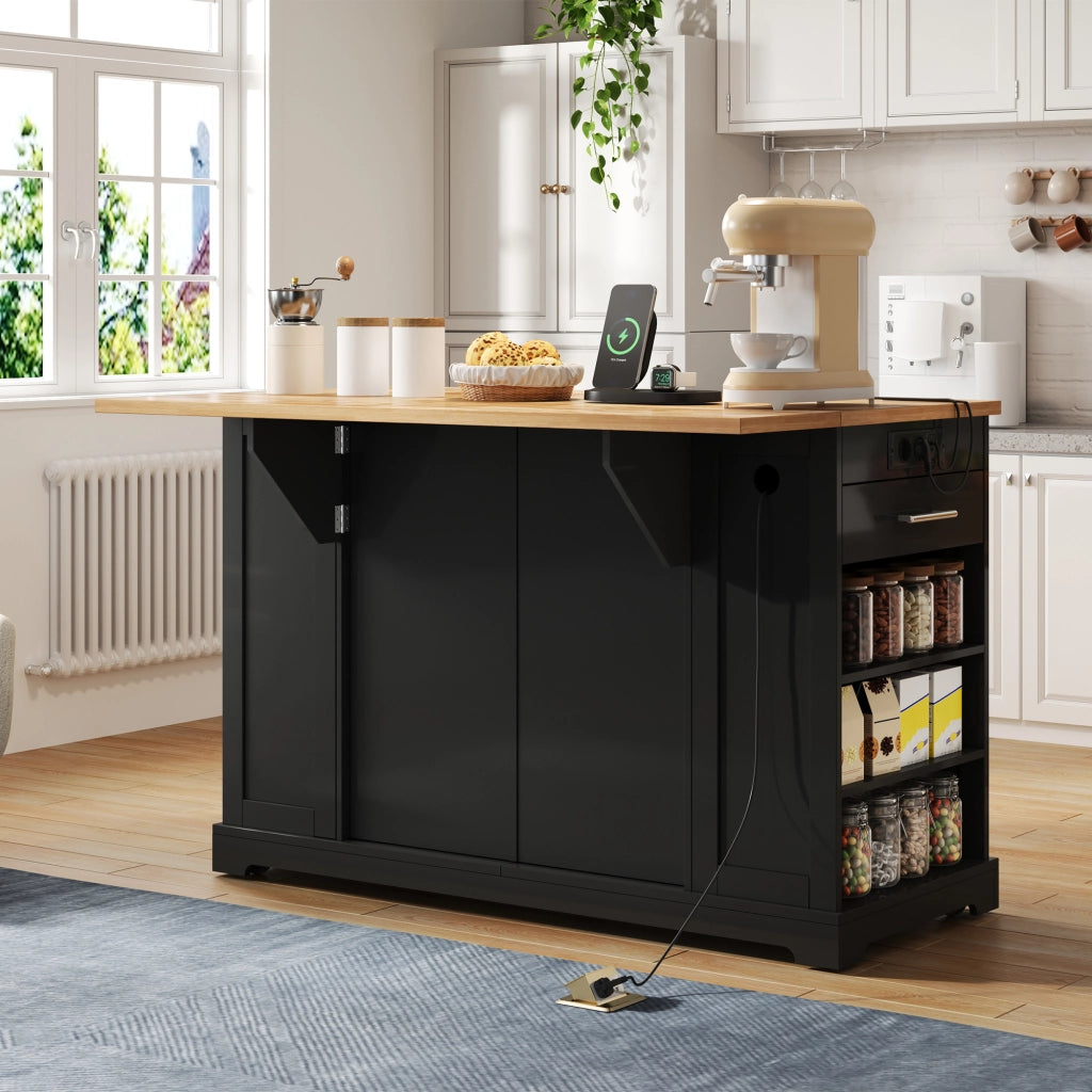 Mobile contenitore con piano pieghevole; prese USB e vano rifiuti - per cucina - 138×86×92 cm - nero