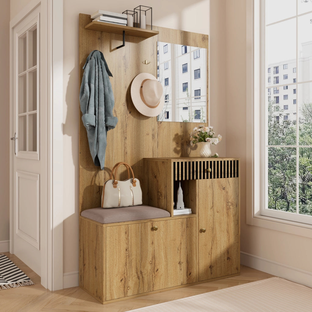 Mobile Ingresso con Specchio; 2 Ante; 1 Cassetto e Seduta Imbottita; Ripiani Regolabili; in MDF; Nero e Legno; 110??37??185;5 cm