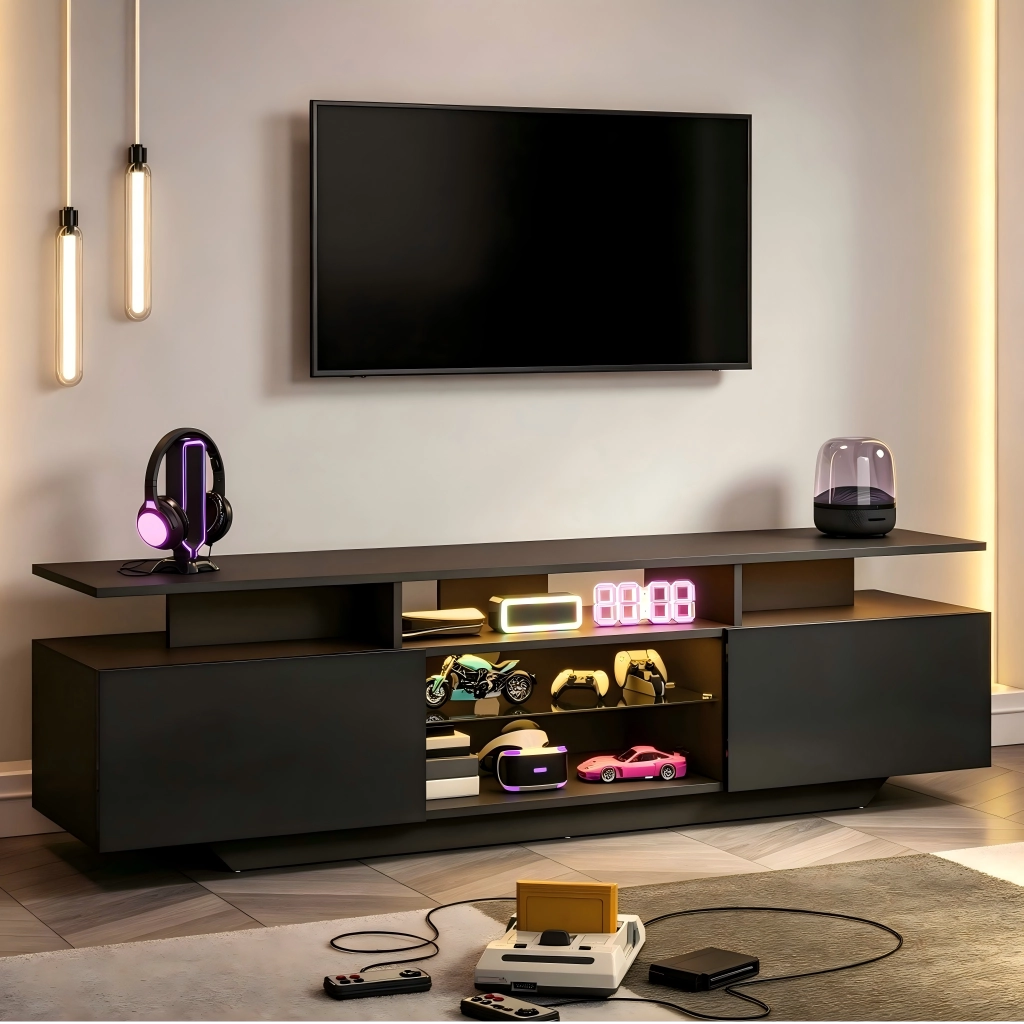 Mobile TV con 2 ante e 8 vani; illuminazione LED - per soggiorno - 160×40×45 cm - nero