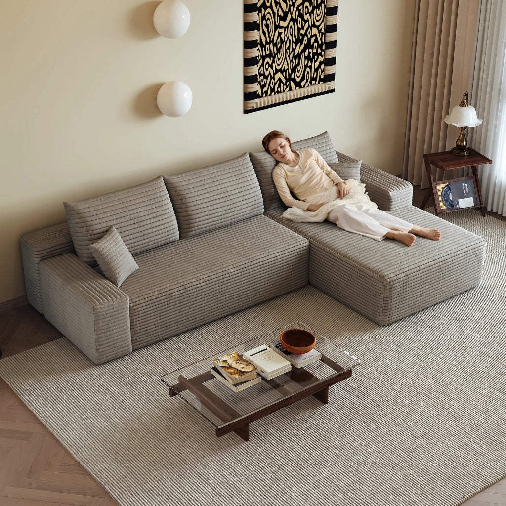 Divano angolare modulare con chaise longue e schiuma elastica in velluto a coste rigato camel