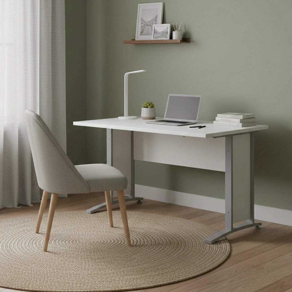 Scrivania Amigos, Scrittoio multiuso, Tavolo per ufficio porta PC, Piano di lavoro, 120x80 h75 cm, Bianco e Grigio