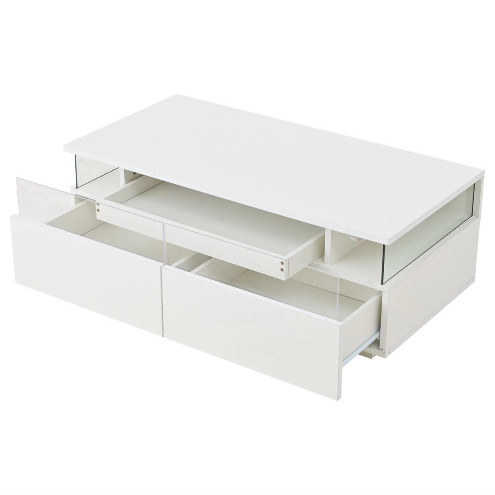 Tavolino da Caff¨¨ con LED e Cassetti ¨C MINIMAL ¨C Vetro Temperato, Bianco, 90x45x35.5