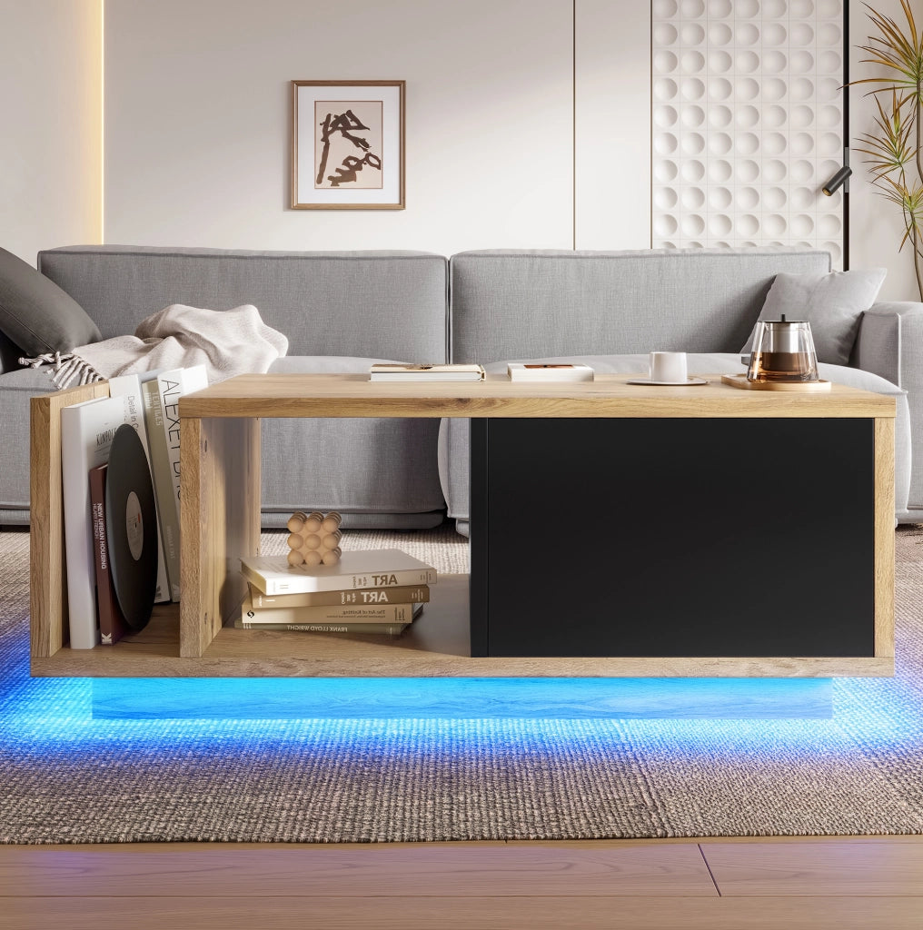 Tavolino contenitore retro con LED 99;5x53x38 cm in legno ingegnerizzato e metallo; naturale