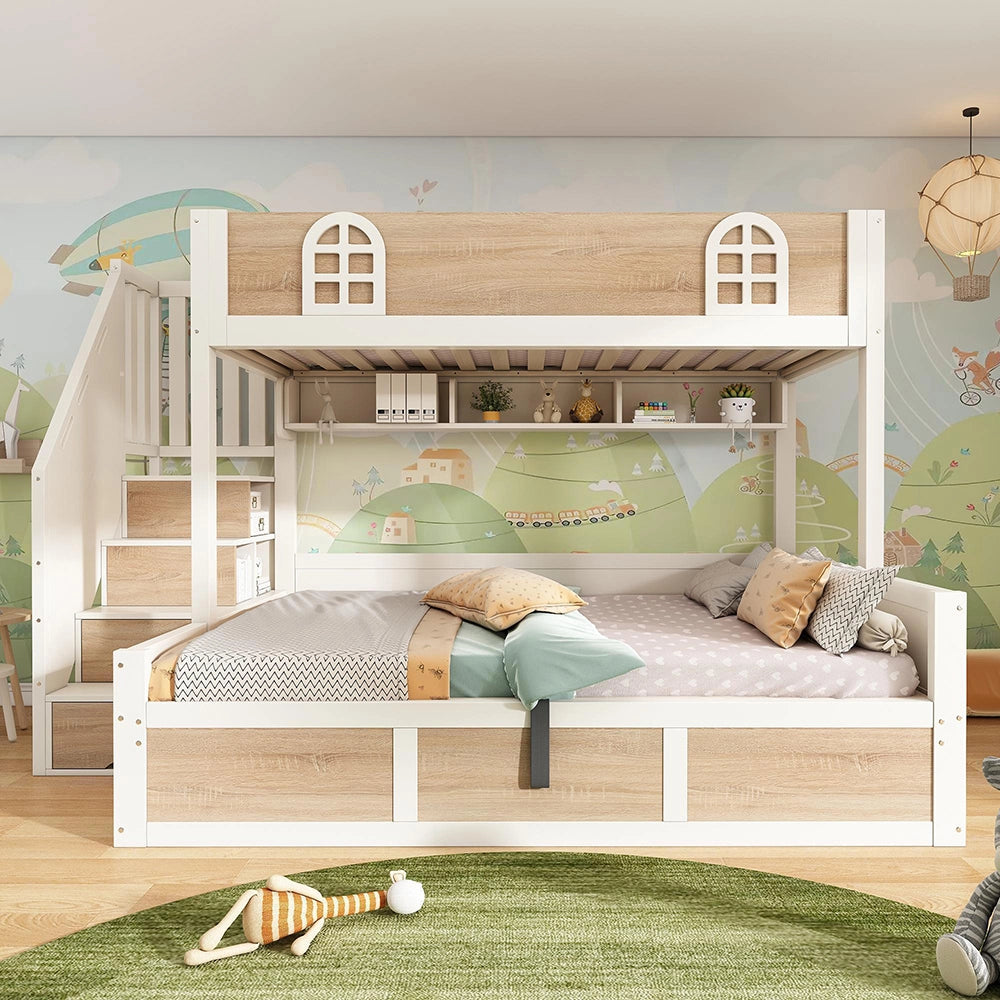 Letto a castello per bambini con spazio di archiviazione - Xylo - 90x200 e 140x200 cm, bianco naturale, sicuro