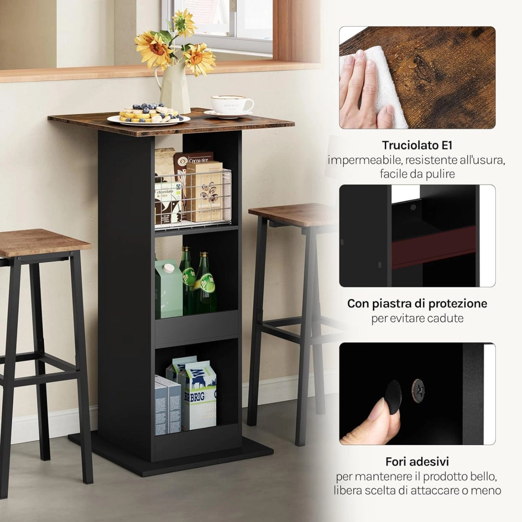 Tavolo da Bar Quadrato, Tavolino Alto e Stretto con 3 Ripiani, Tavolo Alto da Cucina, Sala da Pranzo, Bistrot, in Truciolare, 60x60x109 cm, Marrone Rustico+Nero