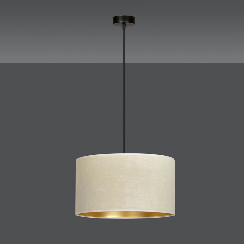 Lampada a sospensione Hilde con paralume in velluto bianco e interno oro