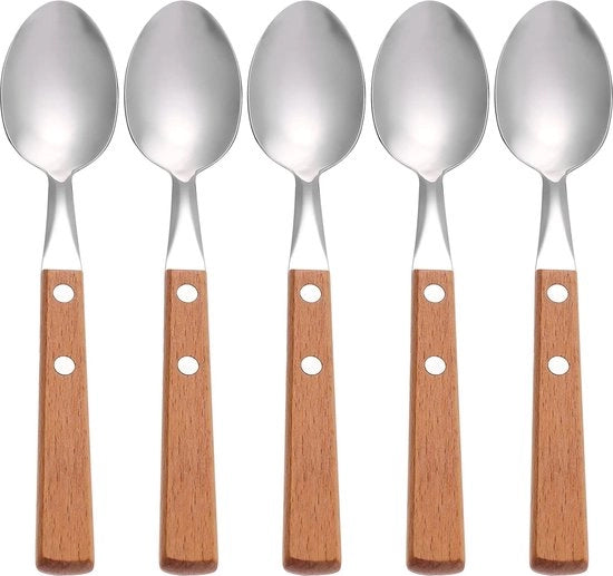 Set di 5 cucchiai in acciaio inossidabile con manici in legno