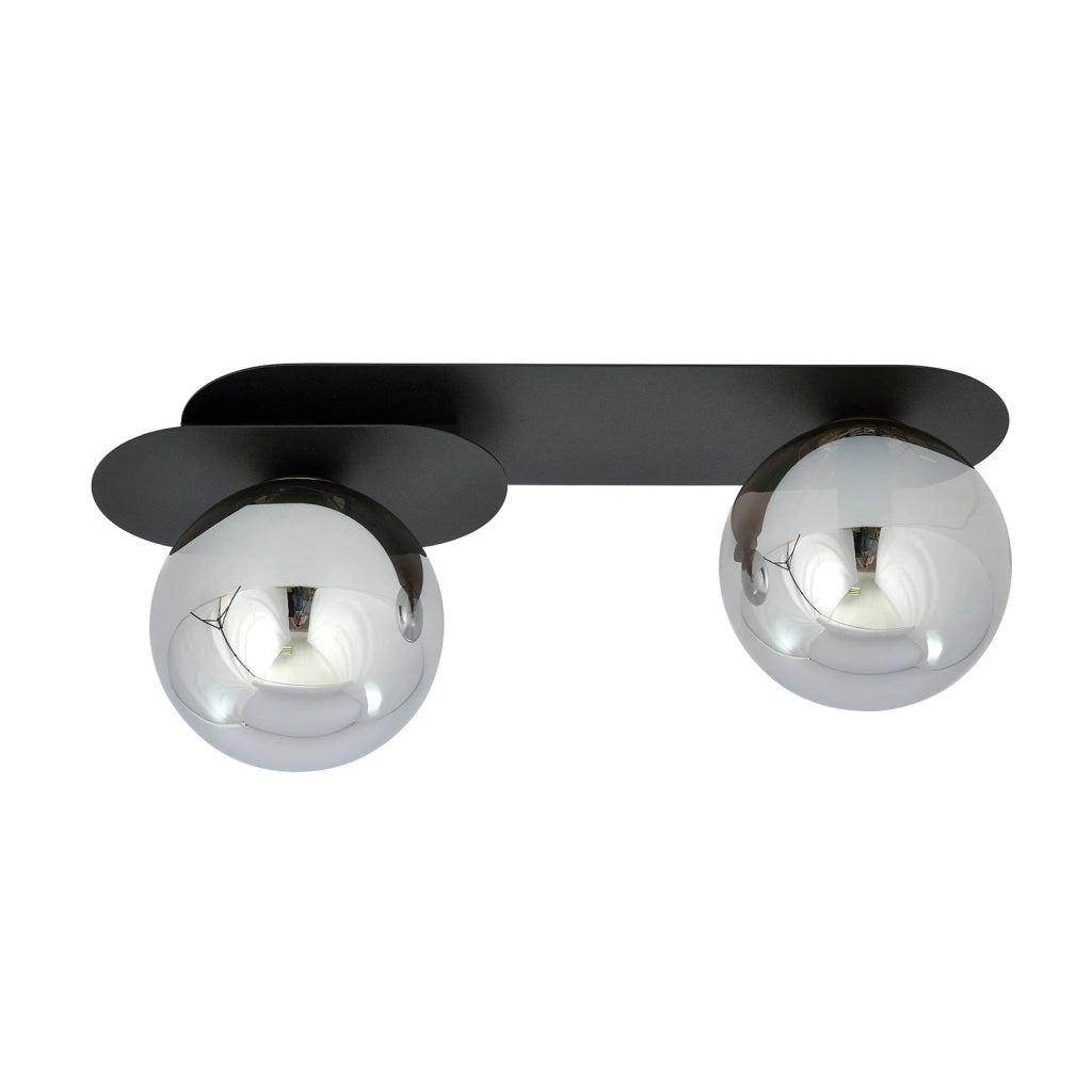 Plafoniera Minimal 2 Luci Teia In Acciaio Nero E Sfere Vetro Fumè