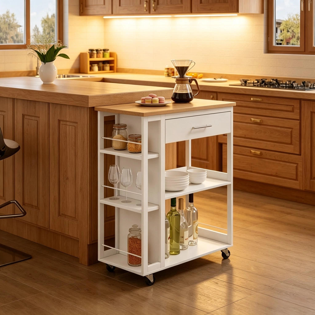 CARRELLO da cucina con cassetto e ripiani 73x38x88 cm MDF bianco effetto legno