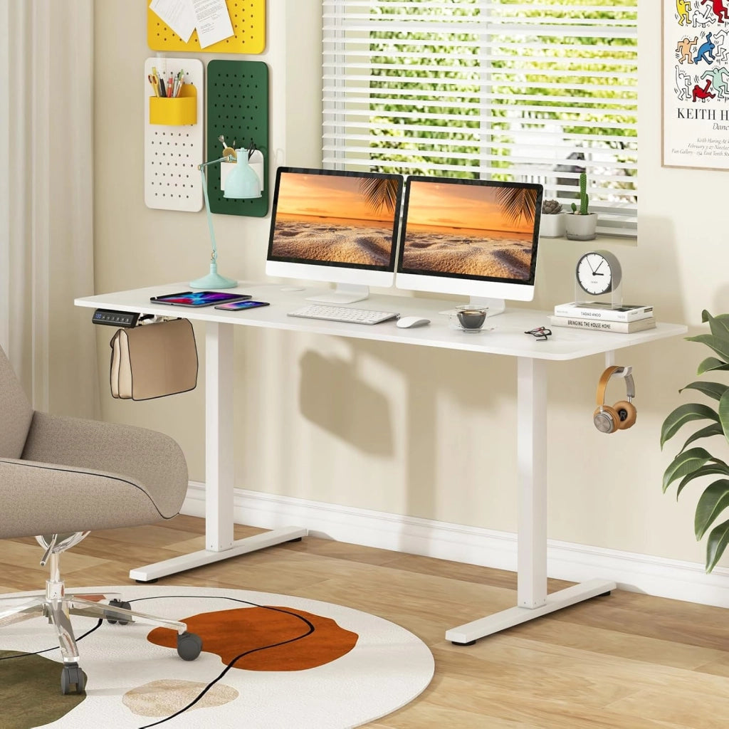Scrivania da seduta in piedi elettrica 160 x 60 cm, scrivania regolabile in altezza 71,5 – 116,5 cm, sistema anti-collaudo, 2 ganci per appendere, fori per cavi, bianco