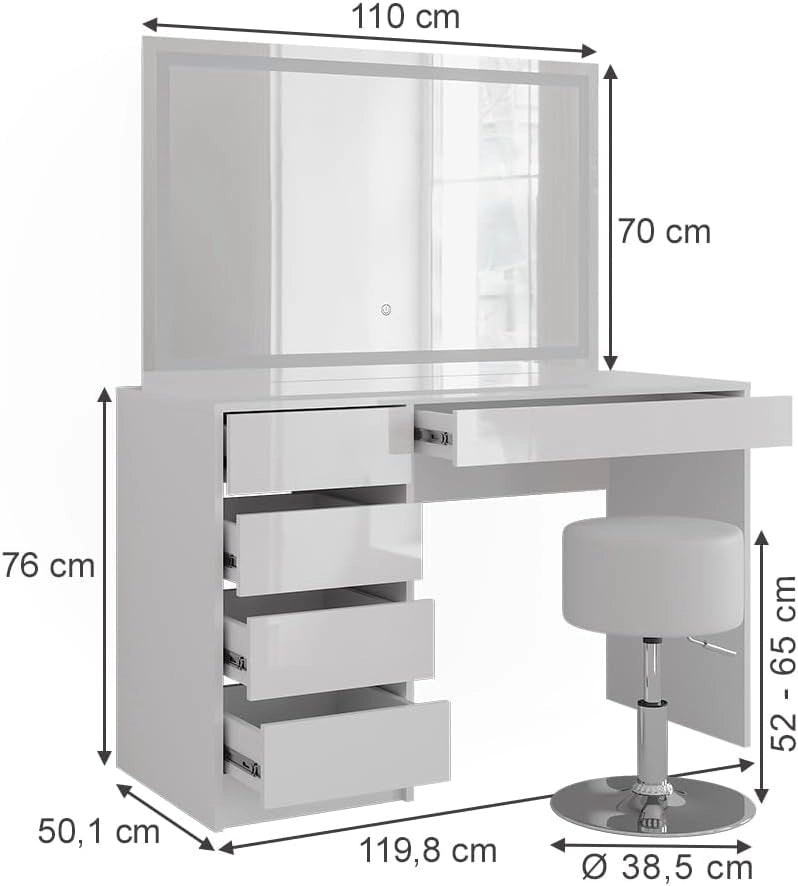 Tavolo da toeletta Sherry, Bianco/bianco lucido, 119.8 cm con specchio LED e sgabello