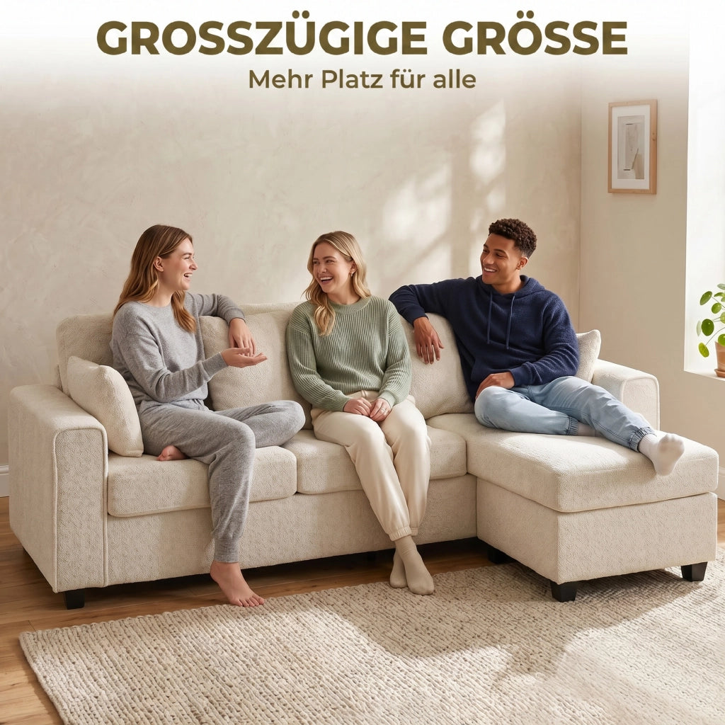 Divano angolare con chaise longue reversibile, imbottito, 3 posti, tessuto velluto, beige ¨C zephmum ¨C 90x