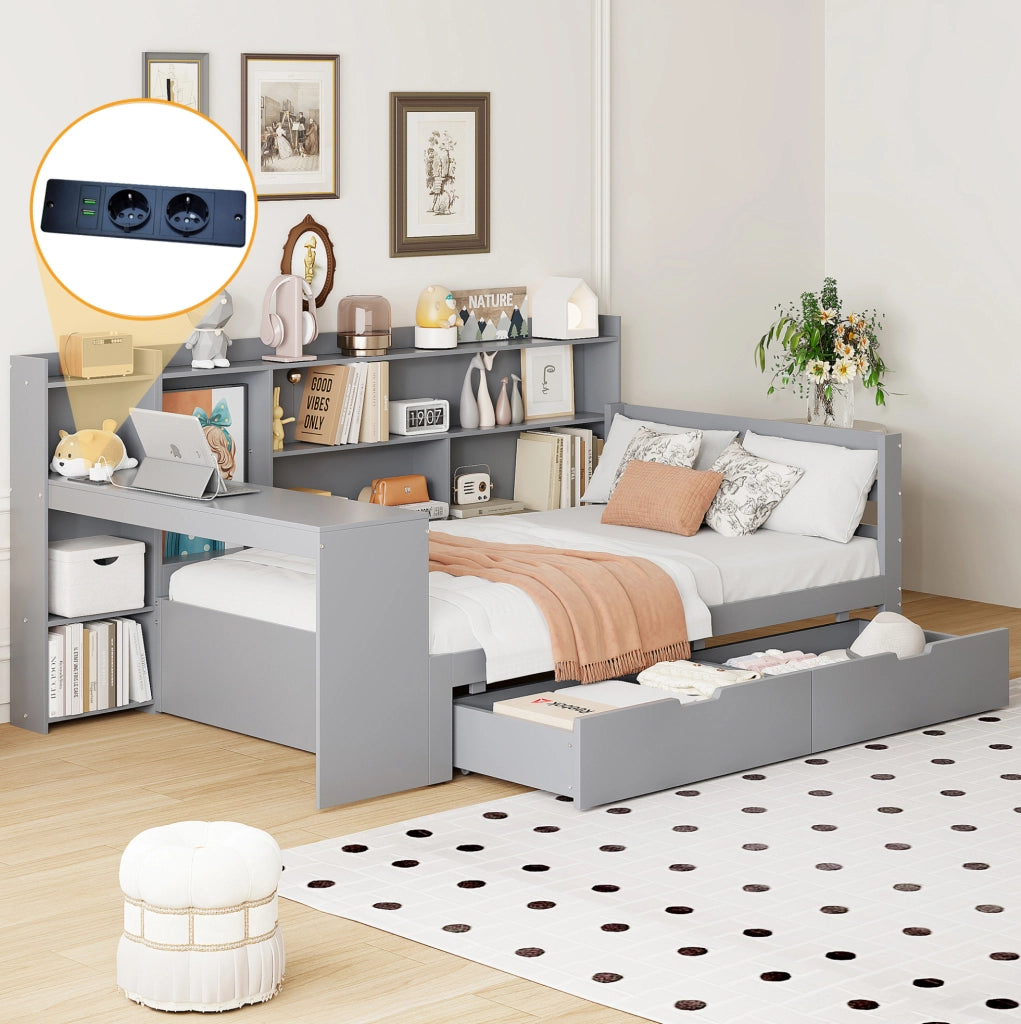 Sofa letto multifunzionale 90x200 cm in legno grigio con scrivania; prese USB e vani contenitore