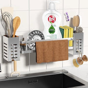 Organizzatore per vasca da bagno con cassetta di stoccaggio rimovibile - contenitore per asciugamani e ganci - supporto per spugne - organizzatore per doccia - cucina e bagno - senza foratura - argento