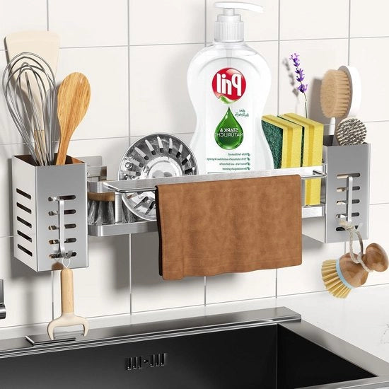 Organizzatore per vasca da bagno con cassetta di stoccaggio rimovibile - contenitore per asciugamani e ganci - supporto per spugne - organizzatore per doccia - cucina e bagno - senza foratura - argento
