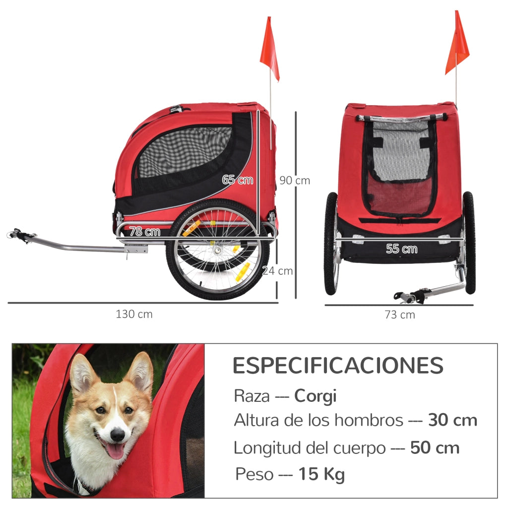Rimorchio Bicicletta per Cani ¨C zephmum ¨C Rosso Nero 130x73x90 cm