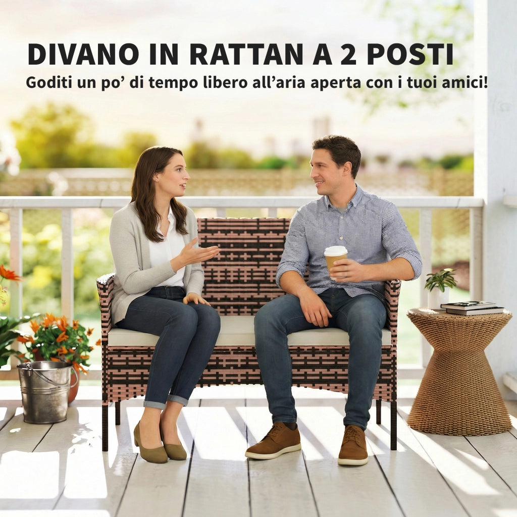 Divano da Giardino 2 Posti 115x63x85 cm con Cuscini e Tappetini Antiscivolo in Rattan e Acciaio Beige