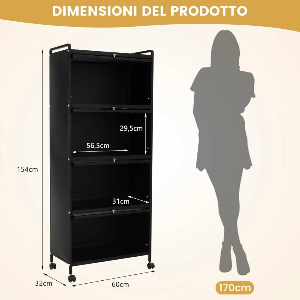 Armadio da Cucina a 5 Piani, Mobile per Microonde con Porte PC a Scomparsa, con 4 Ruote Girevoli, per Sala da Pranzo Soggiorno e Studio, 60x32x154 cm
