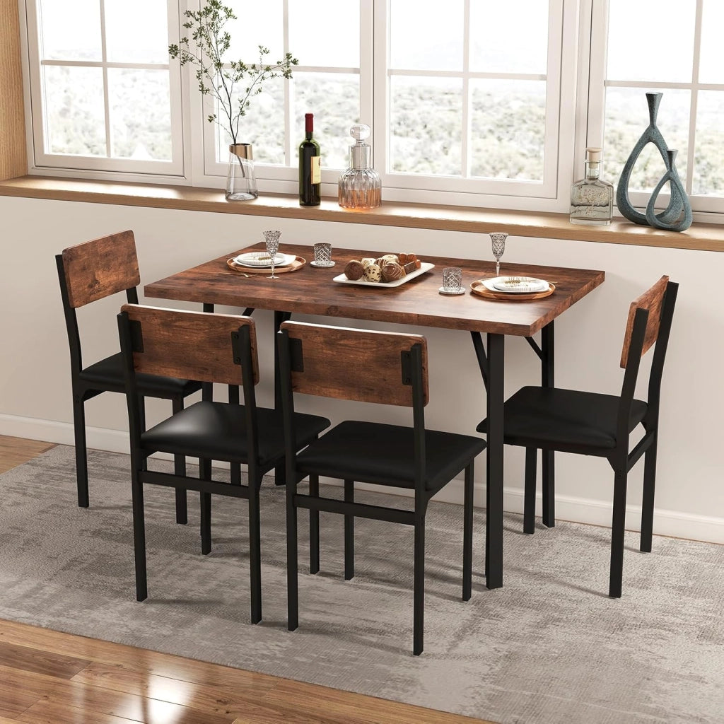 Set da Pranzo 5 Pezzi per 4 Persone, Tavolo da Cucina Rettangolare Industriale con 4 Sedie Imbottite con Gambe in Metallo, Seduta Imbottita, Mobili Salvaspazio per Colazione in Appartamento