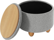 Pouf Contenitore con Coperchio, Pouf Poggiapiedi in Lino Grosso, Sgabello Tondo Salvaspazio con Gambe in Legno di Pino per Soggiorno, Corriodio, Camera, Ø 39x33 cm, Grigio Chiaro