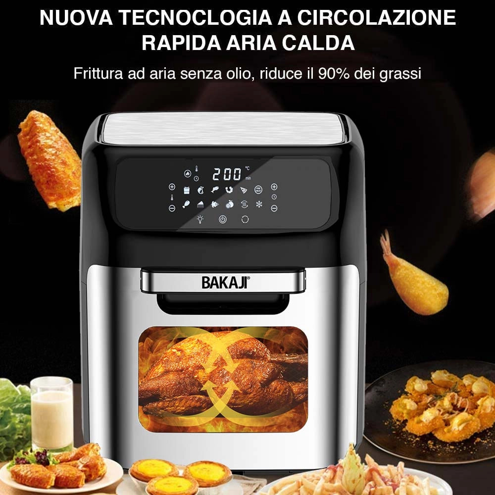 Friggitrice Aria Calda Air Fryer 12 L 1800W Display LCD 12 Programmi con Accessori Argento e Nero