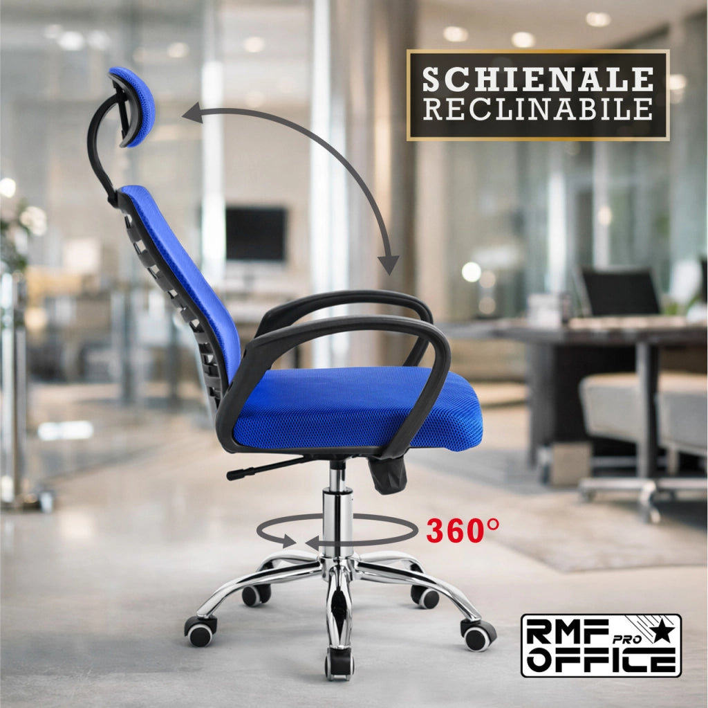 RMF Sedia Ufficio Ergonomica Professionale Reclinabile, Sedia Scrivania in Rete con Seduta Comoda e Rilassante - Poltrona Relax Ufficio con Ruote Girevoli Altezza Regolabile BLU