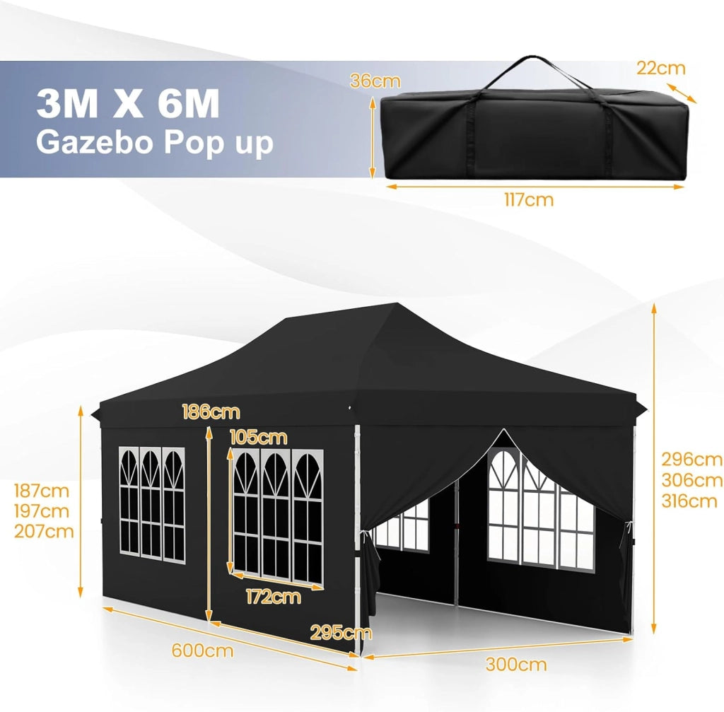 Gazebo da Giardino 3 x 6 m, Tendone per Feste con 6 Pannelli Laterali Rimovibili, con Borsa da Trasporto, Design Pop-up, per Matrimonio Eventi e Barbecue (Nero)